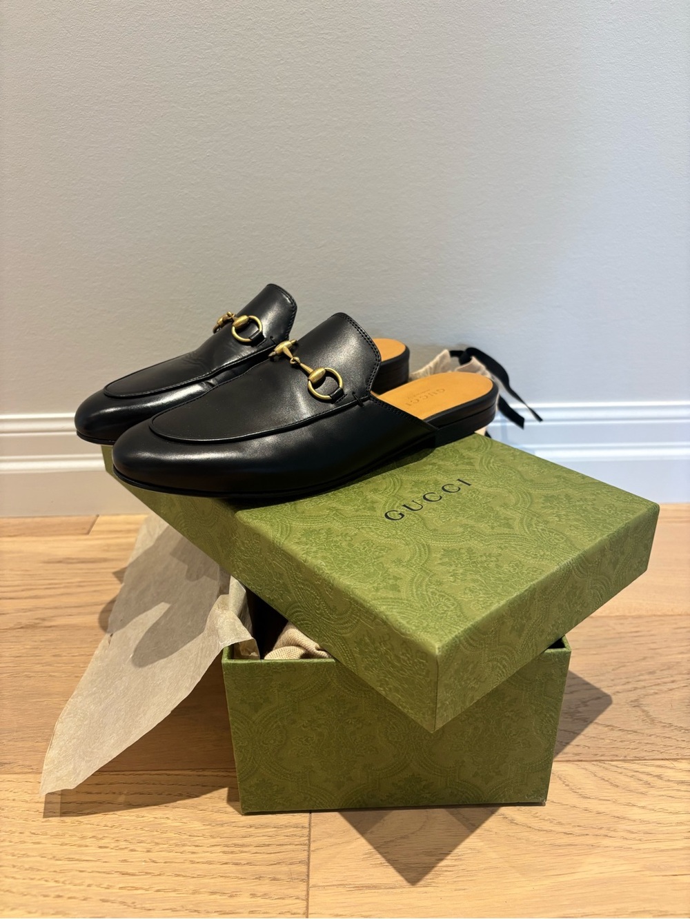 Gucci Black Leather Horsebit Backless Loafers